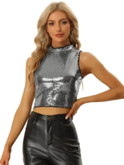 Allegra K Sequin Top For Women's Sleeveless Party Metallic Sparkly Top -Allegra K GUEST 004237ea d388 4329 98b7 6d6b2027a626
