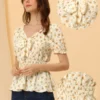 Allegra K Women's Summer Tie Neck Short Sleeve Smocked Waist Floral Print Blouses