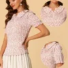 Allegra K Women's Peter Pan Collar Smocked Puff Short Sleeve Ruffle Floral Blouse
