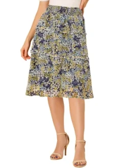Allegra K Women's Floral Print Smocked Elastic Waist Knee Length Flowy Tiered Ruffle Skirt -Allegra K GUEST 019e3925 1977 4ffe bfc5 22cf6d0c047f