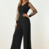 Allegra K Women's Elegant V Neck Mesh Long Sleeve Loose Wide Leg Party Jumpsuits