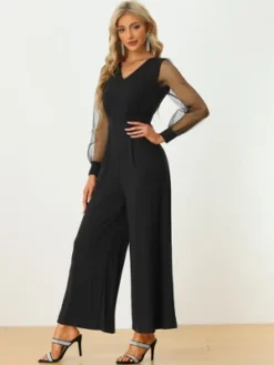 Allegra K Women's Elegant V Neck Mesh Long Sleeve Loose Wide Leg Party Jumpsuits