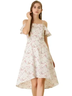 Allegra K Women's Spaghatti Straps Ruffled Sleeves Asymmetrical High Low Floral A-Line Midi Dress -Allegra K GUEST 01b23346 5d90 470a 9beb 868d3dab7417