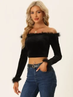 Allegra K Women's Long Sleeve Off Shoulder Party Velvet Blouses -Allegra K GUEST 01ee44c4 e373 4f97 bdba 2b1edbf55ca2