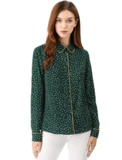 Allegra K Women's Printed Long Sleeve Piped Button Down Office Shirt -Allegra K GUEST 02368857 f4c5 4bf4 9285 4f4695c779be