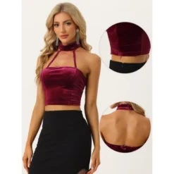 Allegra K Women's Party Tanks Punk Sleeveless Gothic Velvet Halter Cold Shoulder Camis Crop Tops