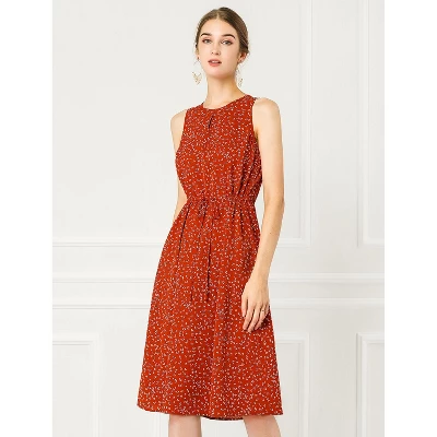 Allegra K Women's Floral Printed Split Neck Drawstring Waist Sleeveless A-Line Midi Dress 3 Allegra K Women's Floral Printed Split Neck Drawstring Waist Sleeveless A-Line Midi Dress - Image 3