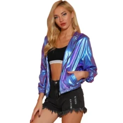 Allegra K Women's Holographic Shiny Long Sleeve Zipper Hooded Metallic Jacket -Allegra K GUEST 033402cd 9c28 4cbe 8c96 2fd2cb059ee5