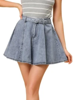 Allegra K Women's Vintage Jean Summer High Waist With Belt A-Line Mini Denim Skirt -Allegra K GUEST 03bfaf98 ed8b 4ea1 a072 41171afeb04e