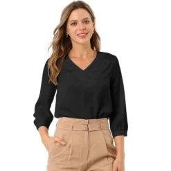 Allegra K Women's V Neck 3/4 Sleeve Casual Office Work Satin Blouses -Allegra K GUEST 0406117d 8ea9 48b3 b039 97089447e815