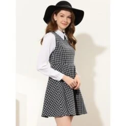 Allegra K Women's Elegant Plaid Tweed Contrast Lapel Collar Long Sleeve A-line Dress
