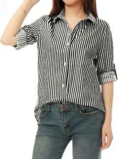 Allegra K Women's Striped Button Down Roll-up Long Sleeves Point Collar Shirt -Allegra K GUEST 0471ef51 d81a 45db a01c 8cd759e331cd