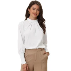 Allegra K Women's Long Sleeve Mock Neck Pleated Solid Chiffon Work Shirt -Allegra K GUEST 048b6810 fb05 41dc 9e75 002a4139517f