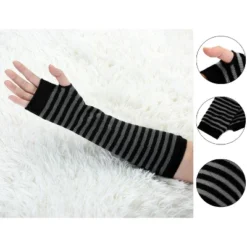 Allegra K Women's Fingerless Thumbhole Striped Arm Warmer Gloves
