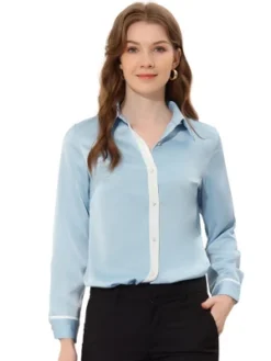 Allegra K Women's Work Office Blouse Contrast Trim Button Down Satin Shirt -Allegra K GUEST 0546d3dc d86e 49a2 9cea 71e1bec05743