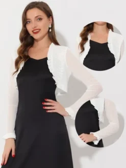 Allegra K Women's Elegant Sheer Mesh Long Sleeve Ruffle Collar Crop Bolero