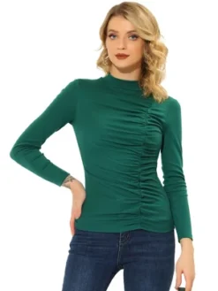 Allegra K Women's Long Sleeve High Neck Blouse Ruched Front Fitted Blouse Top -Allegra K GUEST 063c8e2b a4e4 411c 87f9 f2dc979a8900