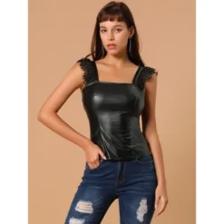Allegra K Women's Lace Trim Party Faux Leather PU Tank Top -Allegra K GUEST 064cf1e4 600c 4313 8c7e 5029459e0d7e