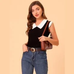 Allegra K Women's Contrast Flat Collar Stretchy Cap Sleeve Casual Blouse