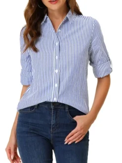 Allegra K Women's Striped Button Down Roll-up Long Sleeves Point Collar Shirt -Allegra K GUEST 074eaf0d a2aa 4cda 94b0 c60a875b20dc