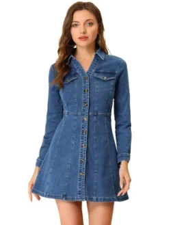 Allegra K Women's Button Down Collar V Neck Long Sleeve A-line Jean Denim Dress -Allegra K GUEST 0778d613 c4b4 42a5 b855 dc7e9f42bb67