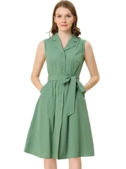 Allegra K Women's Sleeveless Notched Lapel Belted Business Office Midi Shirt Dress -Allegra K GUEST 077970ca e7d4 4cec 9b95 cb5ba7f5b746