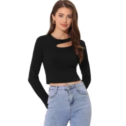 Allegra K Women's Casual Long Sleeve Cut Out Slim Fitted Basic Crop Tops -Allegra K GUEST 07cb6db0 b265 4b1f 81ae a17ab591d431