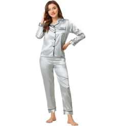 Allegra K Women's Satin Button Down Sleepshirt With Pants Halloween Pajama Set -Allegra K GUEST 0817a298 b5ca 4d00 939f 00573db3453b