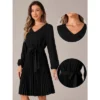 Allegra K Women's Pleated Tie Waist V Neck Long Sleeve A-Line Mini Dress