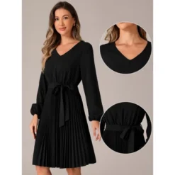 Allegra K Women's Pleated Tie Waist V Neck Long Sleeve A-Line Mini Dress