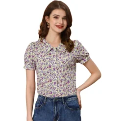 Allegra K Women's Puff Sleeves Point Collar Button Down Floral Shirts -Allegra K GUEST 08b36b23 d6a7 40f1 a9a2 27dd491786ce