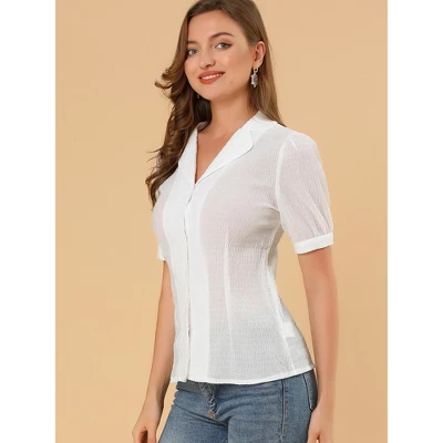 Allegra K Women's Camp Collar Button Front Textured Short Bubble Sleeve Shirt 2 Allegra K Women's Camp Collar Button Front Textured Short Bubble Sleeve Shirt - Image 2