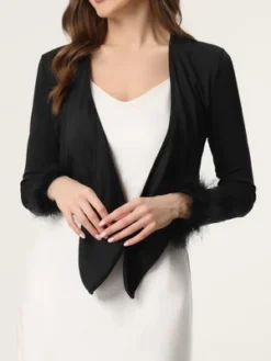 Allegra K Women's Tie Front Long Sleeve Faux Feather Cuff Open Navel Cardigan