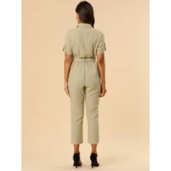 Allegra K Women's Short Sleeve Collared Cropped Coverall Button Down Tie Waist Cotton Cargo Jumpsuit -Allegra K GUEST 0914a68e 7737 42fe 98a8 e66e42e690b8