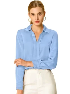 Allegra K Women's Elegant V Neck Long Sleeve Office Work Satin Blouse -Allegra K GUEST 0956543b 981f 435a 8156 38f6bf7539f7