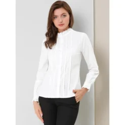 Allegra K Women's Mock Neck Blouse Ruffle Work Office Cotton Pleated Button Up Shirt -Allegra K GUEST 09600c00 2d1c 4ae4 b105 95af9e536053
