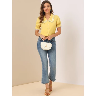 Allegra K Women's Sweet Peter Pan Contrast Collar Short Sleeves Button Up Blouse Tops 2 Allegra K Women's Sweet Peter Pan Contrast Collar Short Sleeves Button Up Blouse Tops - Image 2