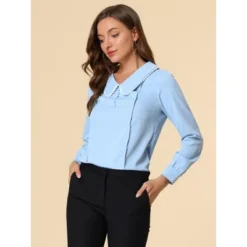 Allegra K Women's Peter Pan Collar Shirt Crochet Trim Long Sleeve Chiffon Work Office Blouse