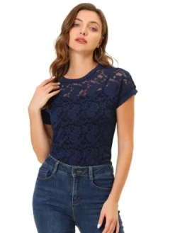Allegra K Women Curved Hem Sheer Short Sleeves Floral Lace Blouse Top -Allegra K GUEST 09fcf8d9 cc54 4f6e a0d0 614417262ce4