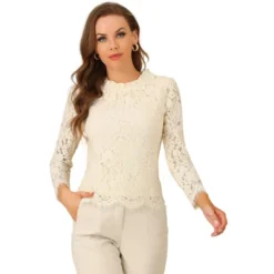 Allegra K Women's Lace Long Sleeve Ruffle Neck Floral Blouse -Allegra K GUEST 0a30ca8b de26 4031 88ca 4c8416f1dadd