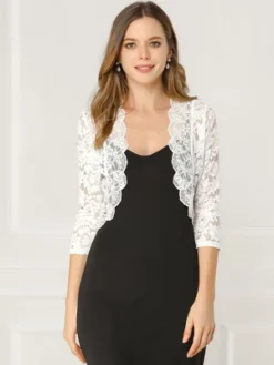 Allegra K Women's Elegant 3/4 Sleeve Sheer Floral Lace Shrug