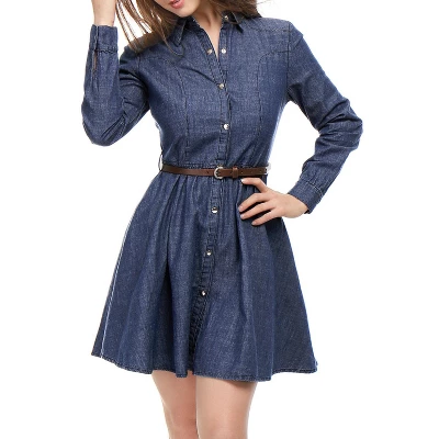 Allegra K Women's Button Down Belted Pleated Flare A-line Denim Shirt Dress 8 Allegra K Women's Button Down Belted Pleated Flare A-line Denim Shirt Dress - Image 8