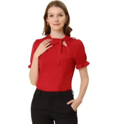 Allegra K Women's Bow Tie Neck Elegant Office Short Sleeve Blouse -Allegra K GUEST 0b3a4988 ee1f 4973 a7df 2607c02ca271