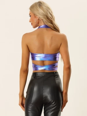 Allegra K Metallic Halter Neck Top For Women's Deep V Neck Backless Holographic Crop Tops 2 Allegra K Metallic Halter Neck Top For Women's Deep V Neck Backless Holographic Crop Tops - Image 2