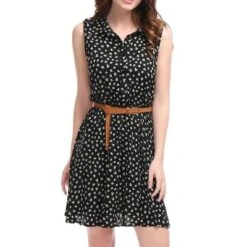 Allegra K 17 Allegra K Women's Floral Sleeveless Half Placket Above Knee Belted Summer Dress