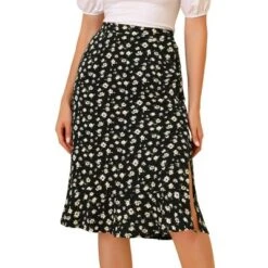 Allegra K Women's Floral Ruffle Elastic High Waist Button Flowy Split Midi Skirt -Allegra K GUEST 0bbeaa39 b7b1 42a5 a964 ef9b3541f777