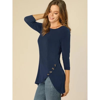 Allegra K Women's 3/4 Sleeve Round Neck Button Decor Casual Stretchy Tunic Tops 1 Allegra K Women's 3/4 Sleeve Round Neck Button Decor Casual Stretchy Tunic Tops