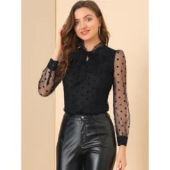Allegra K Women's Tie Neck Polka Dots Semi Sheer Long Sleeve Blouse