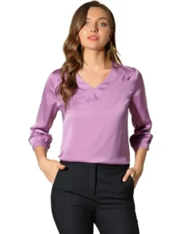 Allegra K Women's V Neck 3/4 Sleeve Casual Office Work Satin Blouses -Allegra K GUEST 0c3e7480 e183 4253 8f21 bd5cd46c9f2b