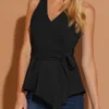 Allegra K Women's Summer Sleeveless V Neckline Wrap Tie Waist Tops